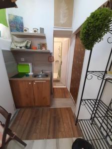 a small kitchen with a sink and a stair case at FG Apartment in Sarajevo