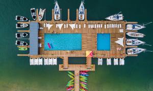 an overhead view of a dock with boats in the water at Selene Houseboat Polańczyk in Polańczyk