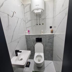 a white bathroom with a toilet and a sink at Villa Breza in Bihać +19 photos