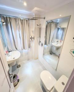 a bathroom with a shower and a toilet and a sink at Youssef Nile Boat in Luxor