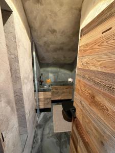 a bathroom with a sink and a wooden wall at Appartement der Extraklasse mit Whirlpool in Roding +13 photos