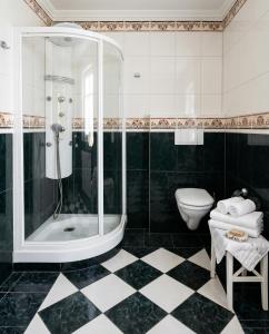 a bathroom with a shower and a toilet at Kapitänsapartment in der VILLA KAETHE am Kurpark - moderne & stilvolle 65qm Ferienwohnung nahe Strand in Warnemünde