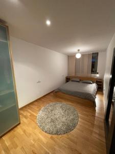 a bedroom with a bed and a rug on a wooden floor at Apartamento Robledal de Cirueña in Cirueña +10 photos