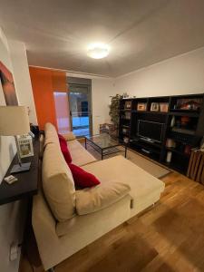 a living room with a white couch with red pillows at Apartamento Robledal de Cirueña in Cirueña