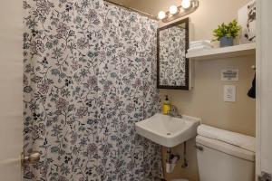 a bathroom with a shower curtain and a sink at Historic Downtown Deco Queen Studio in Anchorage
