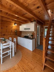 a kitchen and dining room in a log cabin at Sara Riverside Cottage in Ulcinj
