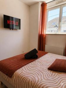 a bedroom with a bed with a netflix sign on the wall at Les Fontaines in Besançon