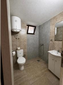 a bathroom with a toilet and a sink and a shower at Sara Riverside Cottage in Ulcinj