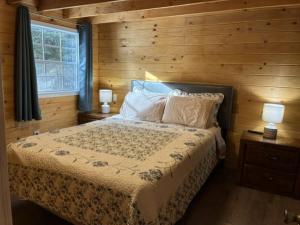 a bedroom with a bed with wooden walls and a window at Glacier Haven Inn in Pinnacle