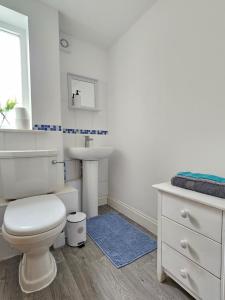 a white bathroom with a toilet and a sink at Flat In City Centre in Cambridge +8 photos
