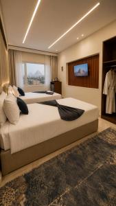 two beds in a bedroom with a window and a television at Cacillion Pyramids View in Cairo