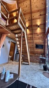 a large room with a wooden ceiling with a ladder at Meraki Cabañas & Glamping By GEstores in Mineral del Chico