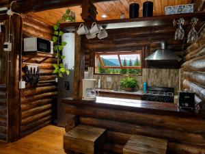 a kitchen in a log cabin with a counter top at Cabañas San Michele in La Cumbrecita