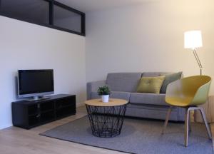 sala de estar con sofá, mesa y TV en Trudvang Apartment Hotel en Rena