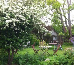 a garden with a table and chairs and trees at Systrarna på Kivik in Kivik