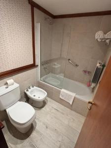 a bathroom with a toilet and a shower and a sink at Ushuaia Lodge in Ushuaia