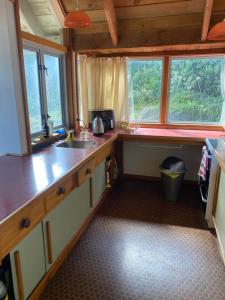 a kitchen with a sink and two windows in a room at Beach side Waikanae Bach in Waikanae +20 photos