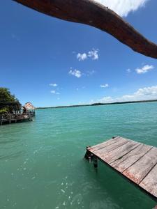 ein Holzsteg im Wasser mit Aussicht in der Unterkunft Posada la Bendición in Xul-Ha
