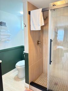 a bathroom with a shower with a toilet at Riverwalk Park Inn in Chelan +29 photos