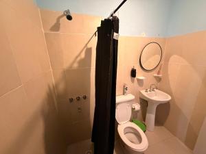 a bathroom with a shower and a toilet and a sink at Duna Blanca II in Fiambalá