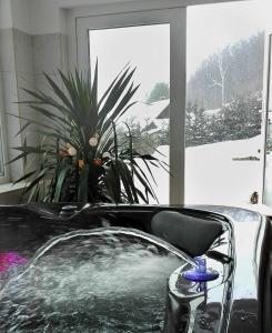 a bathroom with a bath tub with a plant at Chata Eliška in Loučná nad Desnou