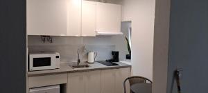 a small kitchen with white cabinets and a microwave at Elvasguesthouse in Elvas