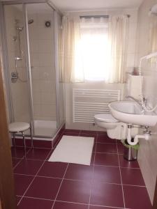 uma casa de banho com um lavatório, um WC e um chuveiro em Haus Bianca em Stumm