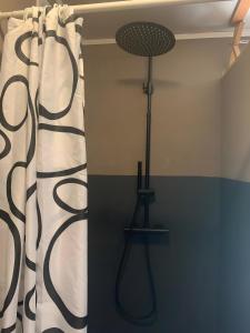 a room with a shower curtain and a fan at Il wokini in Castel Vittorio +30 photos