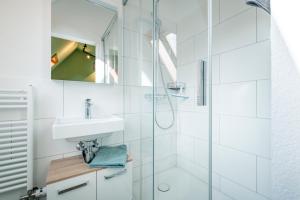 a bathroom with a sink and a shower at Steinbockblick Maienfeld in Maienfeld +8 photos