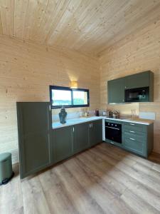 a kitchen with green cabinets and a wooden ceiling at Chalet de Saint Martin in Roquefort-des-Corbières +15 photos