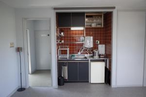 a kitchen with a sink and a brick wall at カルフールゲストハウス別館 in Toyama