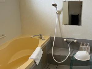 a bathroom with a tub and a sink and a mirror at 本部コテージnobaru in Motobu