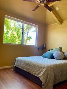 a bedroom with a bed with a ceiling fan and a window at Warm, private, poolside retreat in Cable Beach