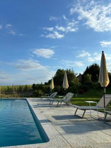 a swimming pool with chairs and umbrellas next to a pool at Lungamerenda in Costigliole dʼAsti