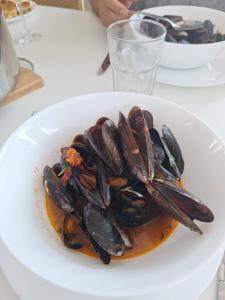 a white plate of mussels on a table at Casa Feodor in Jurilovca