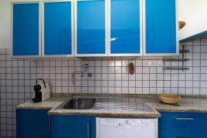 a kitchen with blue cabinets and a sink at Camping Residence Costa Verde in Ricadi +50 photos