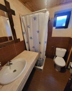 a bathroom with a sink and a toilet with a shower curtain at Villa O Sole Mio in Progled +28 photos