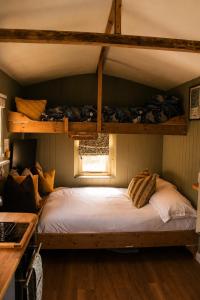 a bedroom with two bunk beds and a window at Mountbatten Shepherds hut & Buckhurst Shepherds hut in Ashford