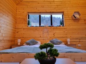 a room with two beds in a wooden room with a window at Chill Glamping in Corbu