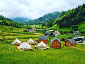 a group of tents in a field with a mountain at Chill Glamping in Corbu