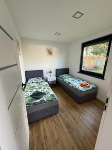 two beds in a small room with a window at BananaHouse in Kruszwin