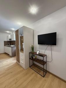 a living room with a flat screen tv on a wall at Willa przy Czarnej Bramie in Kłodzko