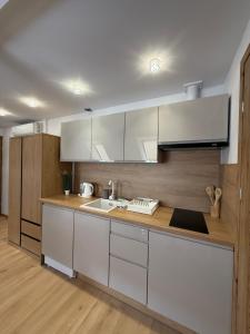 a kitchen with white cabinets and a sink at Willa przy Czarnej Bramie in Kłodzko