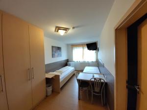 a small room with a bed and a table at Schirmer`s Hotelino in Röhrmoos