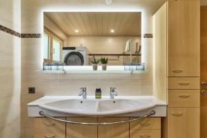 a bathroom with a sink and a microwave at Grundwert Apartment in Sonntag +70 photos