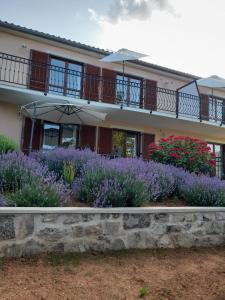 a house with a bunch of purple flowers and an umbrella at Villa Marija in Opatija