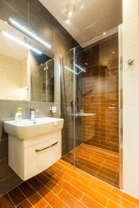 a bathroom with a shower and a sink and a toilet at Apartament Waterside in Giżycko