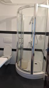 a glass shower in a bathroom with a toilet at Vijaya Varma Beach Resort in Kovalam