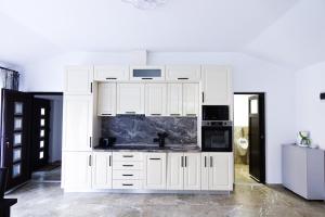 a white kitchen with white cabinets and appliances at Dey Villa, Valea Avrigului, Transilvania in Avrig