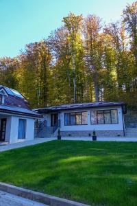 a white house with a grassy yard at Dey Villa, Valea Avrigului, Transilvania in Avrig